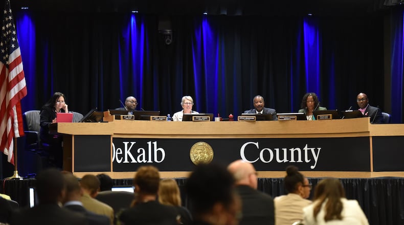 September 26, 2017 Decatur - DeKalb County commissioners (from left) Nancy Jester, Larry Johnson, Kathie Gannon, Steve Bradshaw, Mereda Davis Johnson and Gregory Adams. HYOSUB SHIN / HSHIN@AJC.COM AJC 2017 File Photo