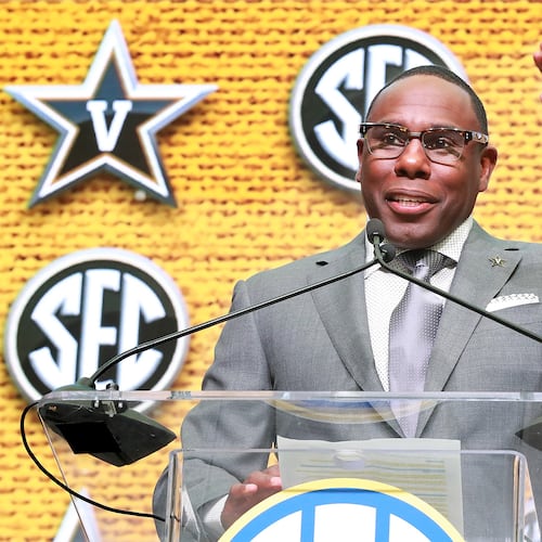 July 19, 2018 Atlanta: Vanderbilt head coach Derek Mason holds his SEC Media Days press conference at the College Football Hall of Fame on Thursday, July 19, 2018, in Atlanta. Curtis Compton/ccompton@ajc.com