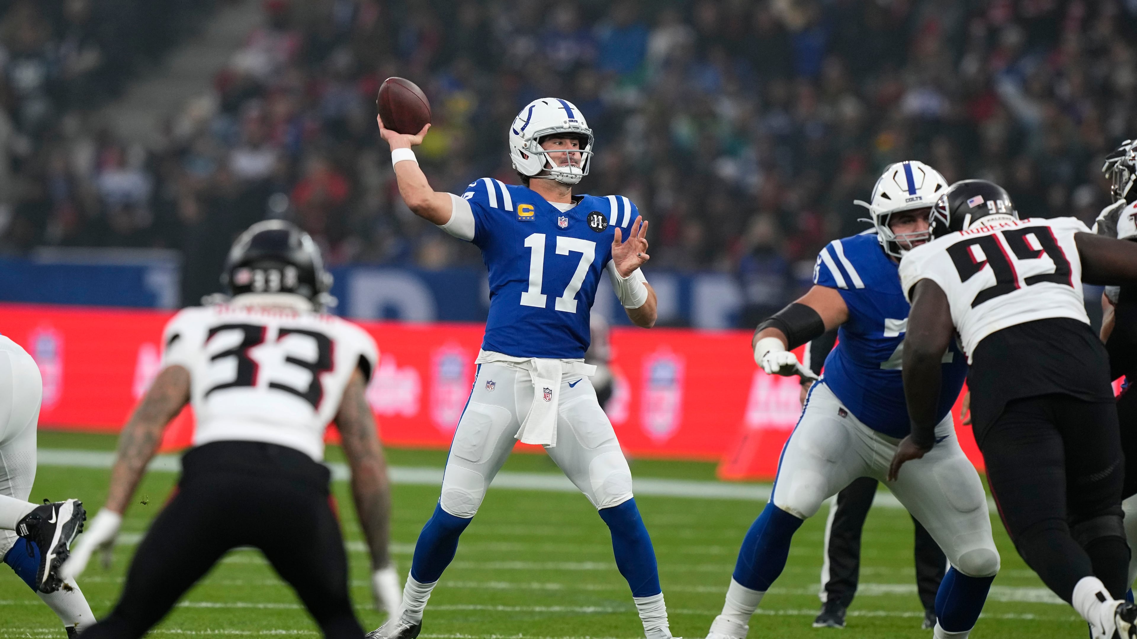 The Falcons defense sacked Daniel Jones seven times, but wore down at the end of the game. (Martin Meissner/AP)