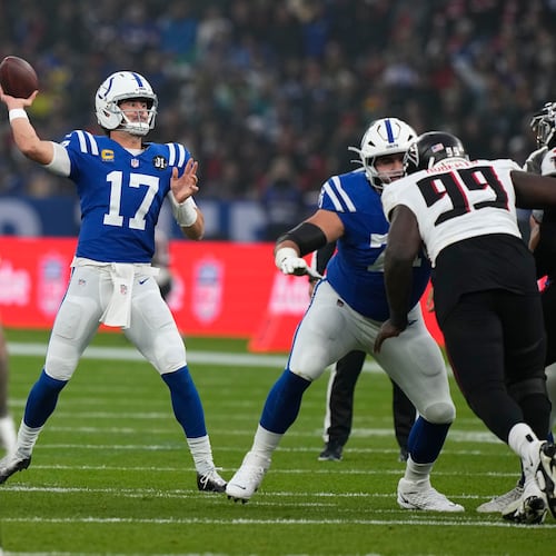 The Falcons defense sacked Daniel Jones seven times, but wore down at the end of the game. (Martin Meissner/AP)