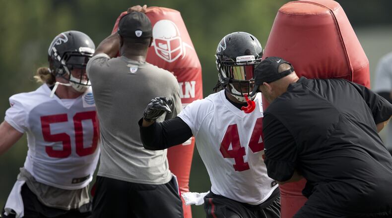 Atlanta Falcons outside linebacker Vic Beasley (44) and defensive end Brooks Reed (50) run pass rushing drills during the team's NFL training camp football practice Friday, July 28, 2017, in Flowery Branch, Ga. (AP Photo/John Bazemore)