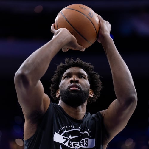 Philadelphia 76ers' Joel Embiid shoots some warm up shots prior to an NBA basketball game against the Atlanta Hawks, Sunday, Nov. 30, 2025, in Philadelphia. (AP Photo/Chris Szagola)