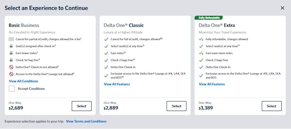 An example of Delta One/Basic Business fare tiers. (Courtesy of Delta Air Lines)