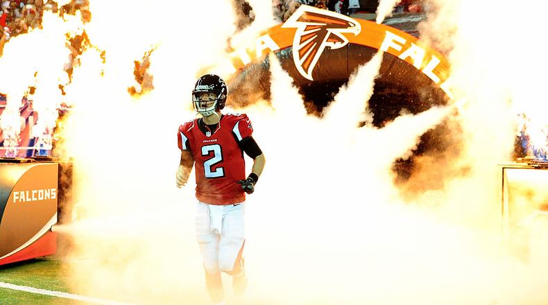 ATLANTA, GA - JANUARY 22: Quarterback Matt Ryan #2 of the Atlanta Falcons runs onto the field to take on the Green Bay Packers in the NFC Championship Game at the Georgia Dome on January 22, 2017 in Atlanta, Georgia. (Photo by Scott Cunningham/Getty Images)