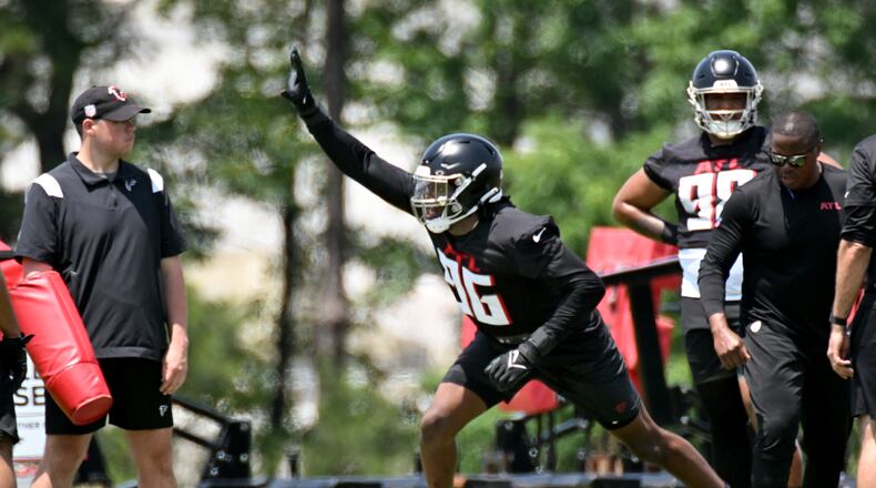 Atlanta Falcons defensive lineman Zach Harrison (96) runs a drill during Day 2 of Falcons rookie minicamp at Atlanta Falcons Training Facility, Saturday, May 13, 2023, in Flowery Branch. (Hyosub Shin / Hyosub.Shin@ajc.com)