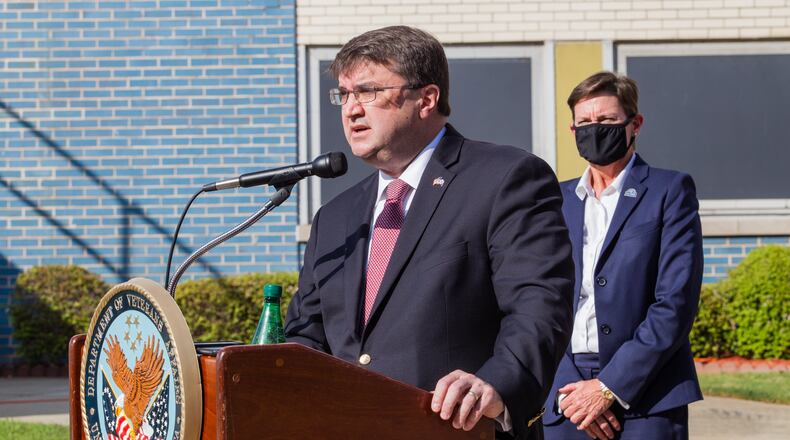 US Secretary of Veterans Affairs Robert Wilkie makes official remarks after touring the Atlanta VA Health Care System with Atlanta VA Director Ann Brown, right, on Friday, Sept 4, 2020. Wilkie announced a year ago that the VA would improve public information about hospital quality, but websites have not been updated and the information can be difficult to understand. (Jenni Girtman for The Atlanta Journal-Constitution)