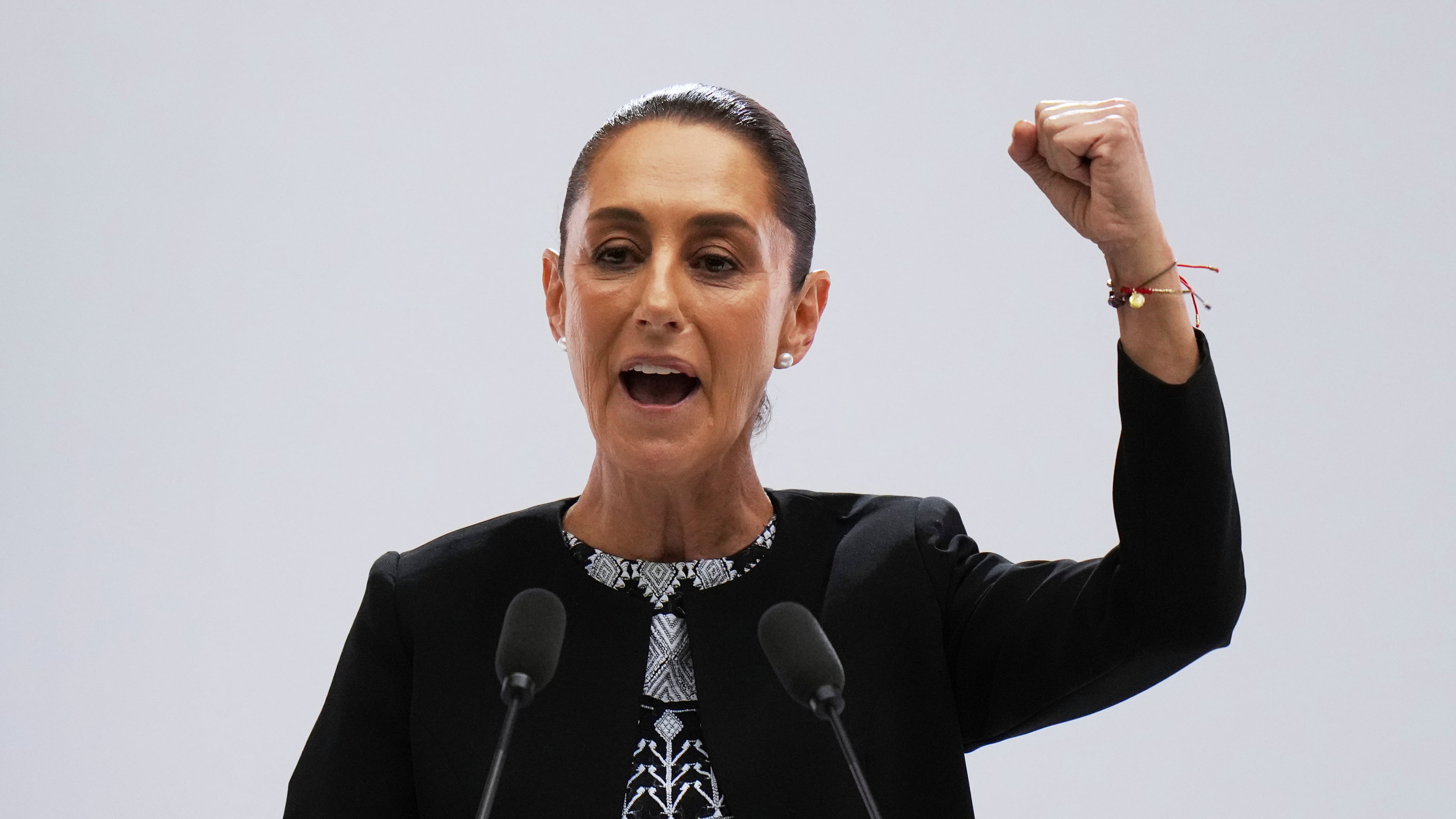 FILE - Mexican President Claudia Sheinbaum speaks at her first state-of-the-nation address at the National Palace in Mexico City, Sept. 1, 2025. (AP Photo/Eduardo Verdugo, File)