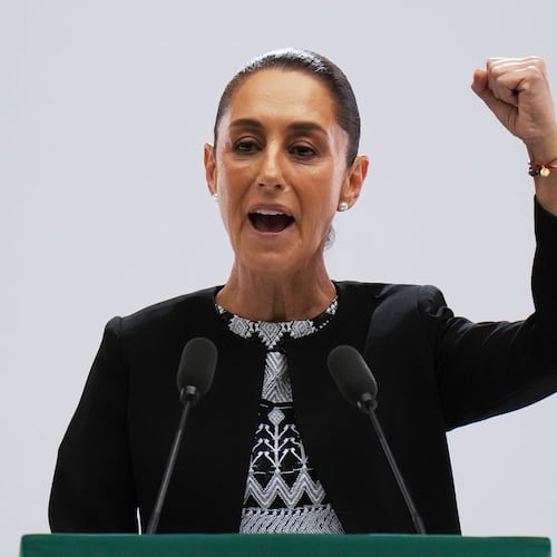 FILE - Mexican President Claudia Sheinbaum speaks at her first state-of-the-nation address at the National Palace in Mexico City, Sept. 1, 2025. (AP Photo/Eduardo Verdugo, File)
