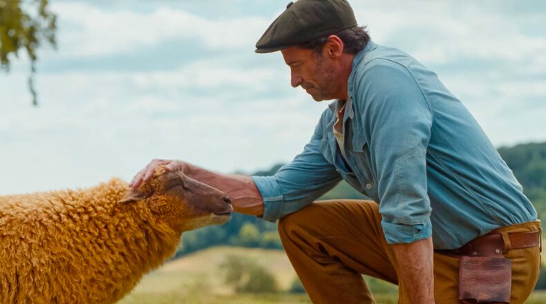 This image released by Amazon MGM Studios shows sheep character Lily, voiced Julia-Louis Dreyfus, left, with Hugh Jackman as George Hardy, in a scene from "The Sheep Detectives." (Amazon MGM Studios via AP)