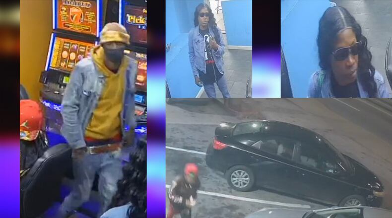 A man wearing yellow (left) is accused of using a sledgehammer to smash into gaming machines at three convenience stores before fleeing with an accomplice (upper right) in a black Kia Forte with no license plate, according to Atlanta police.