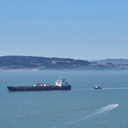 A tanker and other vessels pass through the San Francisco Bay, Tuesday, May 19, 2026. (AP Photo/Annika Hammerschlag)