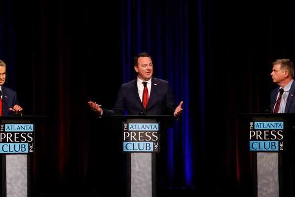 Republican candidate for governor Burt Jones, Georgia’s lieutenant governor, speaks at the Atlanta Press Club Loudermilk-Young debates at Georgia Public Broadcasting in Atlanta on April 27, 2026. (Arvin Temkar/AJC)