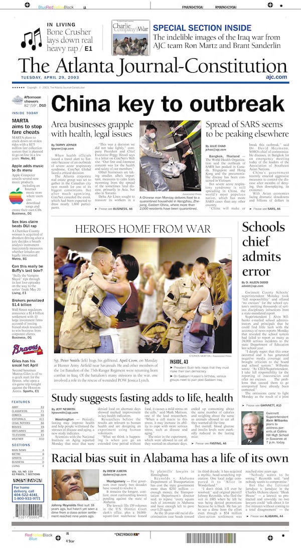 The Atlanta Journal-Constitution front page on April 29, 2003.