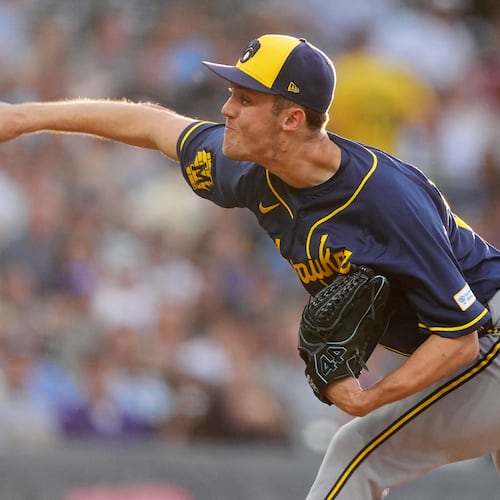 Milwaukee Brewers starting pitcher Jacob Misiorowski works against the Colorado Rockies in the second inning of a baseball game Saturday, June 6, 2026, in Denver. (AP Photo/David Zalubowski)