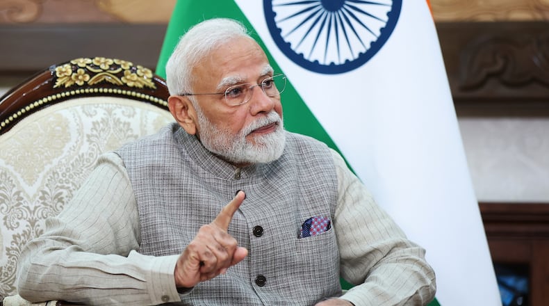 Indian Prime Minister Narendra Modi speaks during a meeting with Russian President Vladimir Putin on the sidelines of the Shanghai Cooperation Organization (SCO), in Bishkek, Kyrgyzstan, on Monday, Aug. 31, 2026. (Pyotr Kovalev, Sputnik, Kremlin Pool Photo via AP)