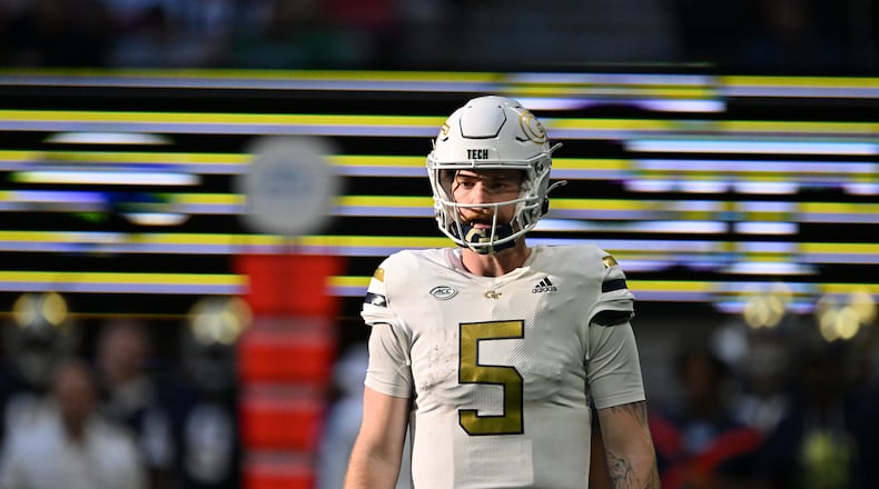 Georgia Tech quarterback Zach Pyron (5) prepares to play during the second half in an NCAA football game at Mercedes-Benz Stadium, Saturday, October 19, 2024, in Atlanta. Notre Dame won 31-13 over Georgia Tech. (Hyosub Shin / AJC)