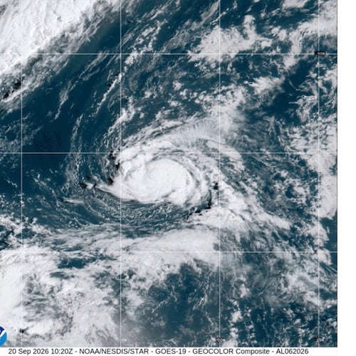 This satellite image from the National Oceanic and Atmospheric Administration shows Tropical Storm Fay, Sunday, Sept. 20, 2026. (NOAA via AP)