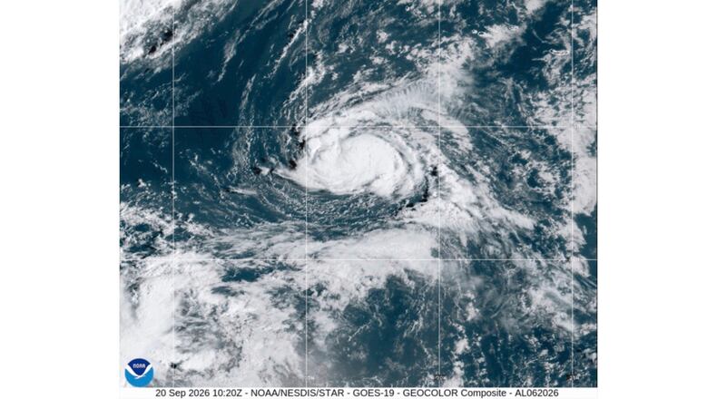 This satellite image from the National Oceanic and Atmospheric Administration shows Tropical Storm Fay, Sunday, Sept. 20, 2026. (NOAA via AP)