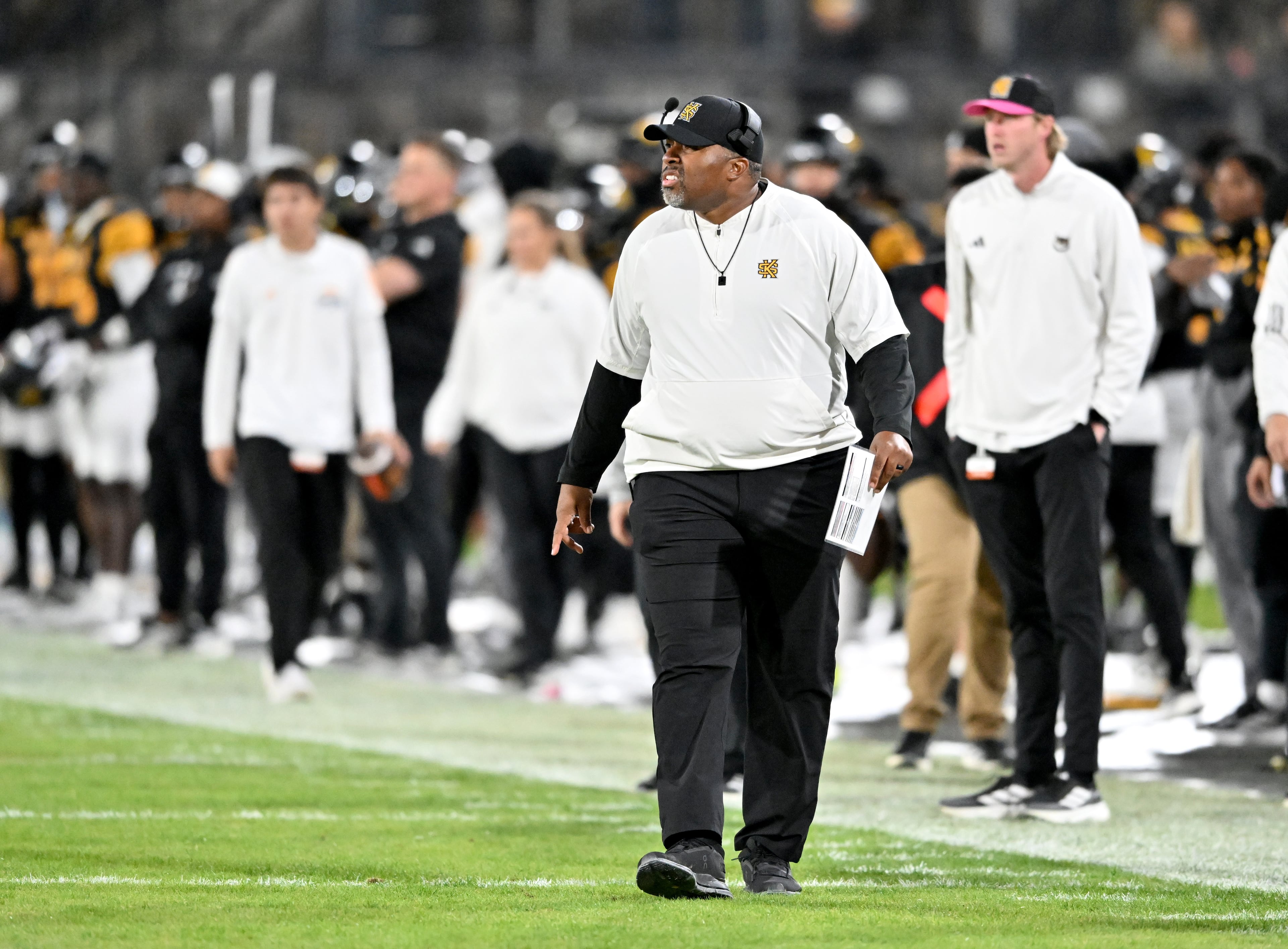 Kennesaw State head coach Jerry Mack reacts during the first half in an NCAA college football game at Fifth Third Stadium, Tuesday, October 28, 2025 in Kennesaw. (Hyosub Shin / AJC)
