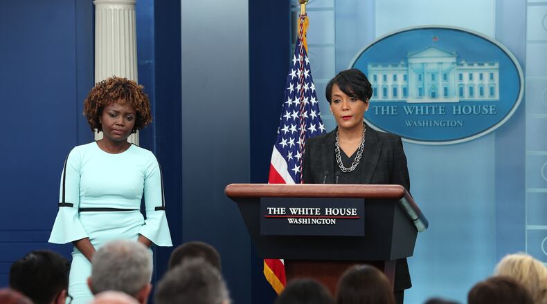 In this photo from Jan. 13, 2023, then-White House Public Engagement Advisor Keisha Lance Bottoms (R) and Press Secretary Karine Jean-Pierre hold a press briefing at the White House in Washington, DC. (Kevin Dietsch/Getty Images/TNS)