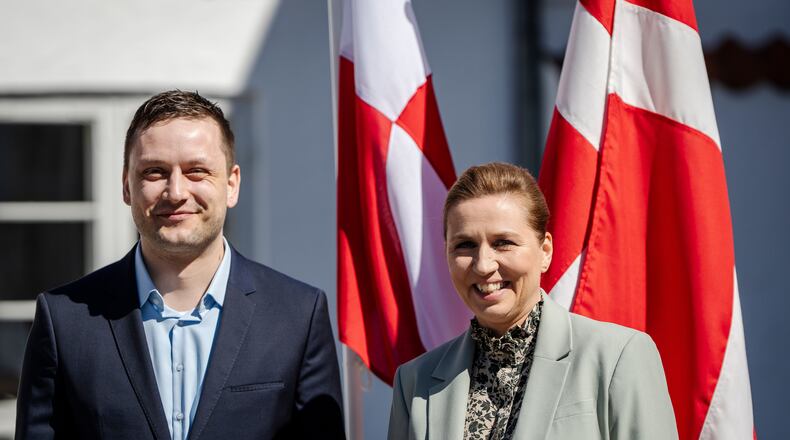 FILE - Denmark's Prime Minister Mette Frederiksen, right, and Greenland's Prime Minister Jens-Frederik Nielsen smile during their meeting at Marienborg in Kongens Lyngby, Denmark, on April 27, 2025. (Mads Claus Rasmussen/Ritzau Scanpix via AP, File)