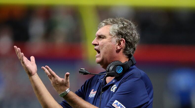 Georgia Tech head coach Paul Johnson yells to his players in the first half of an NCAA college football game against the Tennessee Monday, Sept. 4, 2017, in Atlanta. (AP Photo/John Bazemore)
