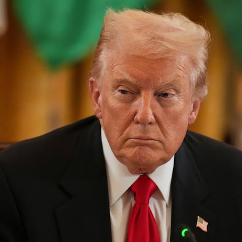 President Donald Trump attends a dinner with leaders from countries in Central Asia, Thursday, Nov. 6, 2025, in the East Room of the White House in Washington. (AP Photo/Jacquelyn Martin)