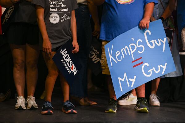 Supporters attend the Character Matters campaign rally for Republican nominee for governor Rick Jackson on Saturday at Tannery Row in Buford. (Natrice Miller for the AJC)