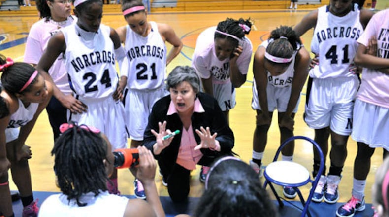 Retired coach Angie Hembree won three state titles at Norcross and three at Collins Hill. She will be inducted into the Georgia Sports Hall of Fame in February. (Hyosub Shin/AJC FILE)