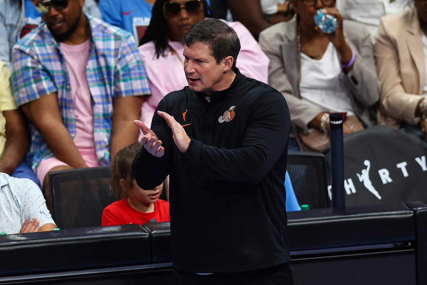 Atlanta Dream head coach Karl Smesko reacts during the second half of a WNBA game against the Las Vegas Aces at State Farm Arena on Sunday, May 17, 2026, in Atlanta. (Colin Hubbard for the AJC) 