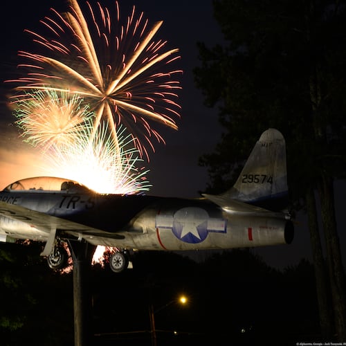 Fireworks will be set off at dusk at Alpharetta’s Independence Day event at Wills Park. The photo shows a view of a previous year’s fireworks from the nearby Walk of Memories at American Legion Post 201. (Courtesy of Alpharetta Convention & Visitors Bureau/Jack Tuszynski)
