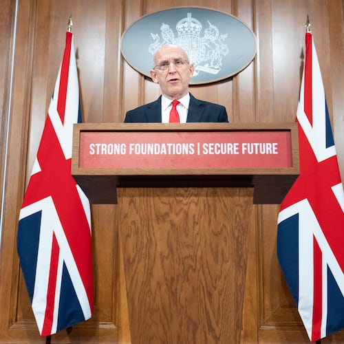 British Defence Secretary John Healey delivers a speech on how the UK's defence industry is delivering growth and national renewal across the UK, at No 9 Downing Street in central London, Wednesday Nov. 19, 2025. (Stefan Rousseau/Pool Photo via AP)