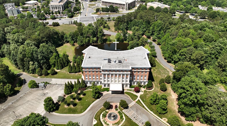 June 15, 2022 Duluth - Aerial photograph shows the Georgia Baptist Mission Board's 40-acre property in Duluth, which the Southern Baptists are trying to sell as it is too big for them, on Wednesday, June 15, 2022. The Gwinnett County Commission recently denied a request to rezone the property for a mixed-use development. (Hyosub Shin / Hyosub.Shin@ajc.com)