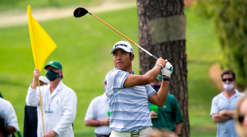 Hideki Matsuyama watches his 17th tee shot during round one of the Masters Tournament at Augusta National Golf Club in Augusta, Ga., Thursday, April 8, 2021. (Doug Mills/The New York Times)