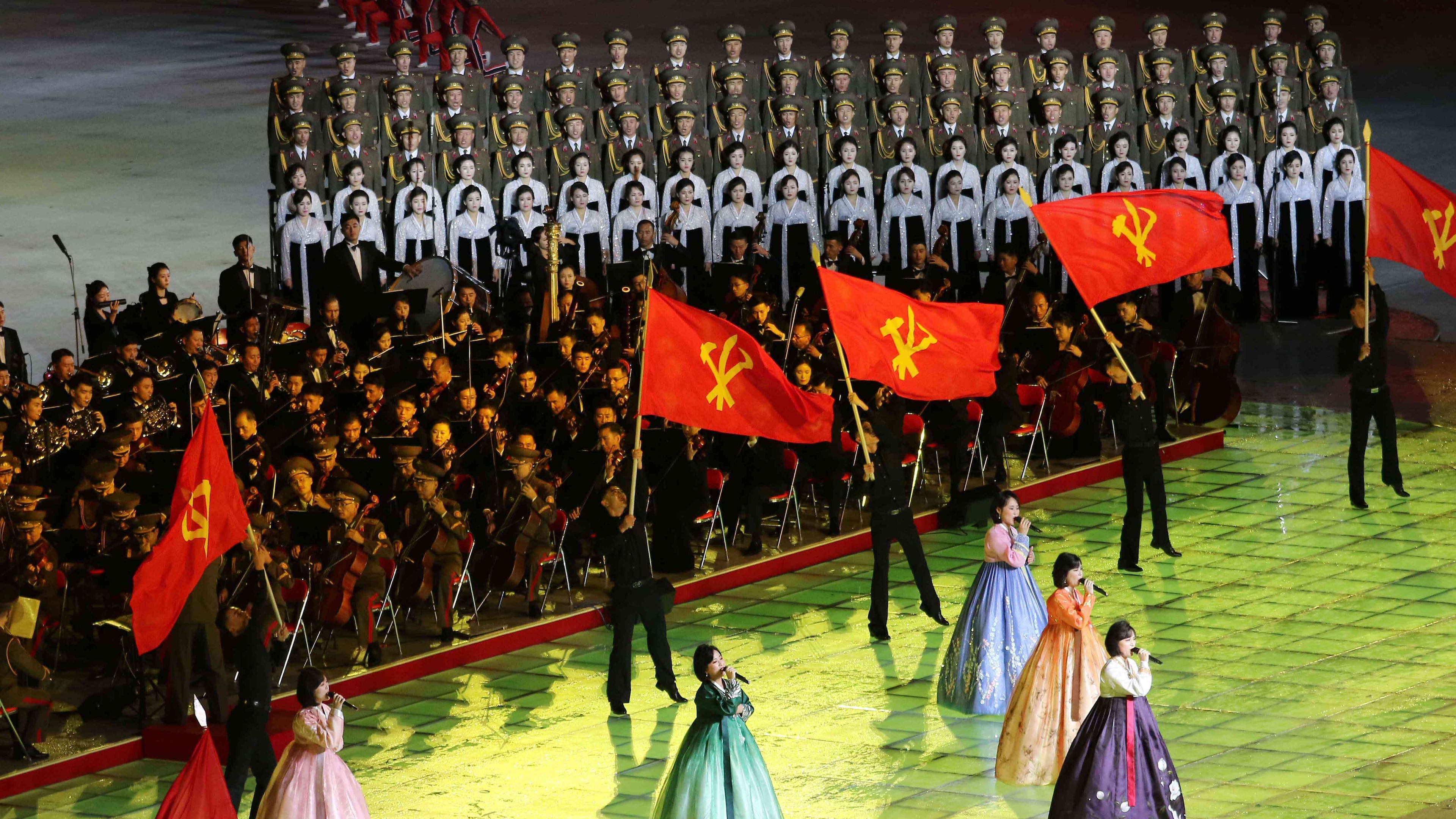People perform during the ceremony marking the 80th anniversary of the founding of the ruling Workers' Party at the May Day Stadium in Pyongyang, North Korea, Thursday, Oct. 9, 2025. (AP Photo/Jon Chol Jin)