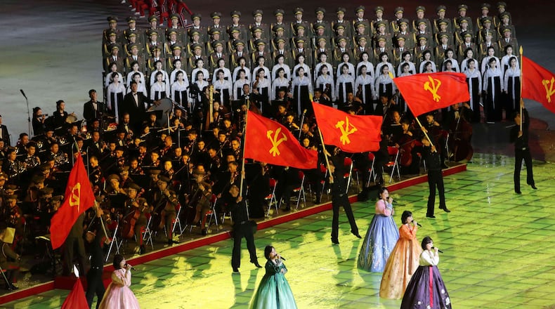 People perform during the ceremony marking the 80th anniversary of the founding of the ruling Workers' Party at the May Day Stadium in Pyongyang, North Korea, Thursday, Oct. 9, 2025. (AP Photo/Jon Chol Jin)