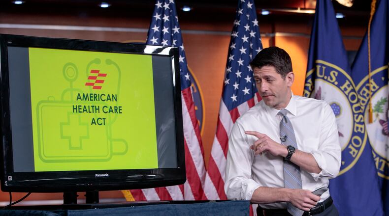 House Speaker Paul Ryan of Wis. uses charts and graphs to make his case for the GOP's long-awaited plan to repeal and replace the Affordable Care Act, Thursday, March 9, 2017, during a news conference on Capitol Hill in Washington. (AP Photo/J. Scott Applewhite)