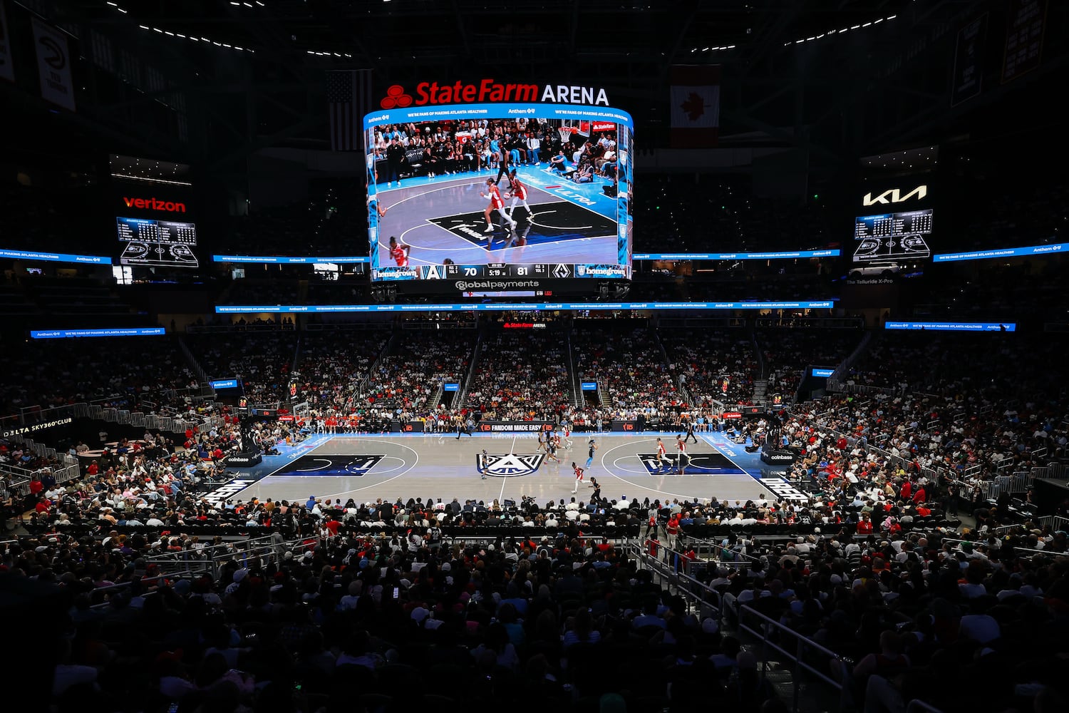 A general view of the the arena during the second half of a WNBA game between the Atlanta Dream and Las Vegas Aces at State Farm Arena on Sunday, May 17, 2026, in Atlanta. (Colin Hubbard for the AJC) 