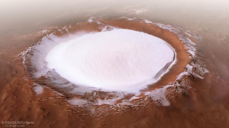 Recently released images show the Korolev Crater on Mars is filled with ice year-round. (Photo: ESA/DLR/FU Berlin)