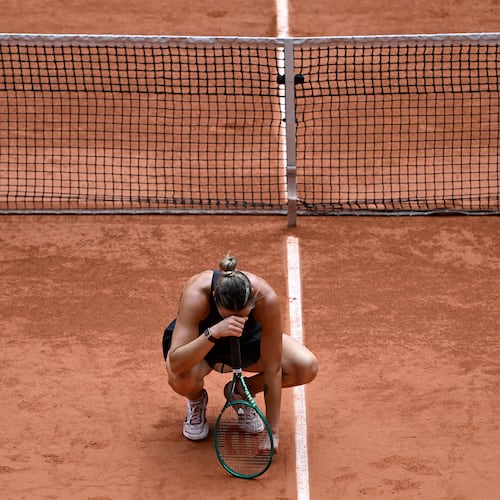 Aryna Sabalenka of Belarus reacts after losing the quarterfinal tennis match against Russia's Diana Shnaider at the French Open in Paris, Wednesday, June 3, 2026. (AP Photo/Emma Da Silva)