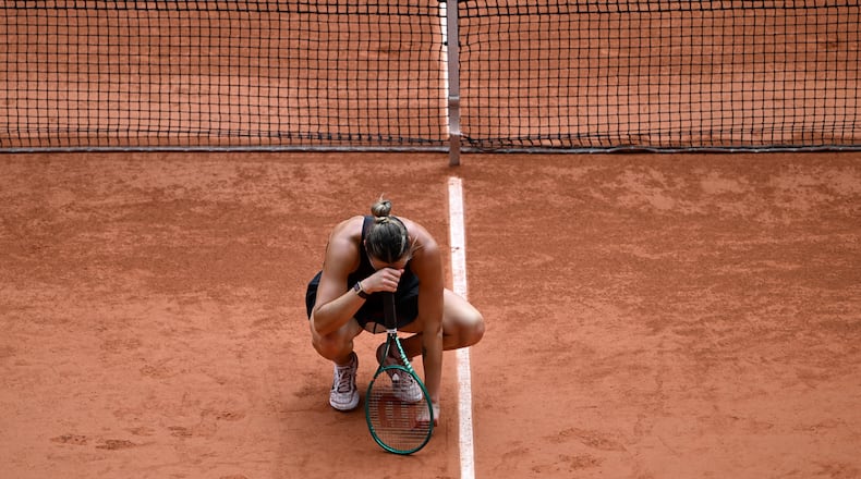 Aryna Sabalenka of Belarus reacts after losing the quarterfinal tennis match against Russia's Diana Shnaider at the French Open in Paris, Wednesday, June 3, 2026. (AP Photo/Emma Da Silva)