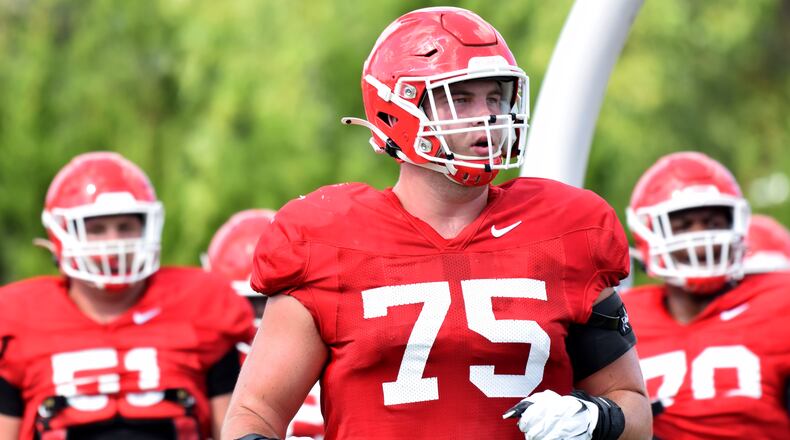 Georgia offensive lineman Owen Condon (75) during the BulldogsÕ practice in Athens, Ga., on Monday, Aug. 31, 2020. (Photo by Steven Colquitt)