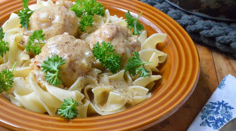 Turkey Swedish Meatballs over noodles are hearty and heart-healthy comfort food. (Virginia Willis for The Atlanta Journal-Constitution)