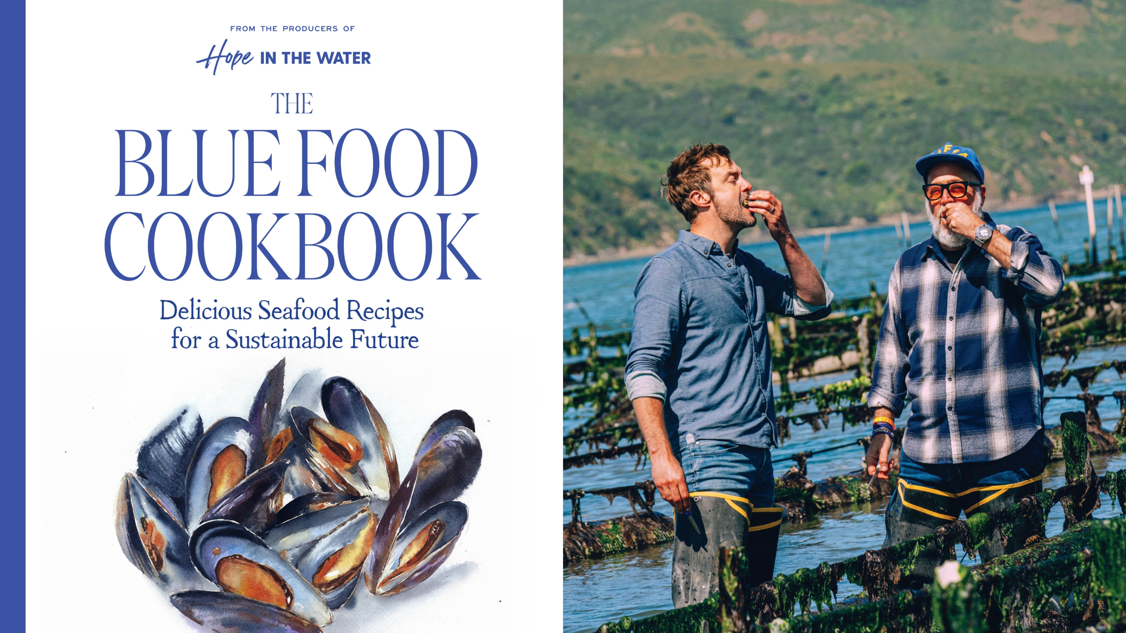 This combination of images released by Harvest, an imprint of HarperCollins Publishers, shows cover art for "The Blue Food Cookbook: Delicious Seafood Recipies for a Sustainable Future," left, and a photo of co-authors Barton Seaver, left, and Andrew Zimmern. (Harvest via AP, left, and Eric Wolfinger via AP)