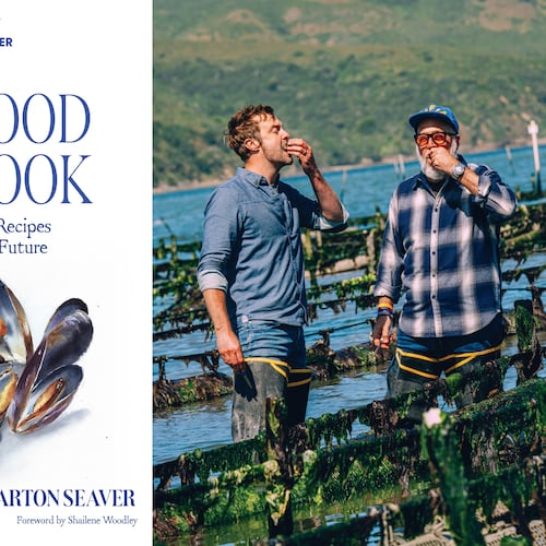 This combination of images released by Harvest, an imprint of HarperCollins Publishers, shows cover art for "The Blue Food Cookbook: Delicious Seafood Recipies for a Sustainable Future," left, and a photo of co-authors Barton Seaver, left, and Andrew Zimmern. (Harvest via AP, left, and Eric Wolfinger via AP)