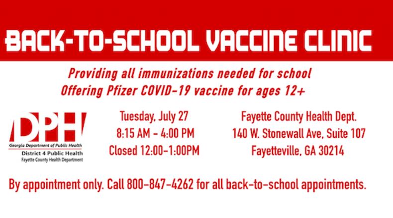Free school immunizations will be offered in Fayette County by appointment only on July 27. Courtesy FCBOE