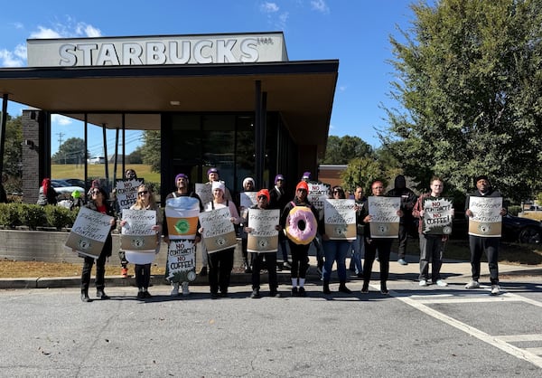 Starbucks workers during a practice picket in November 2025. (Courtesy of Starbucks Workers United)