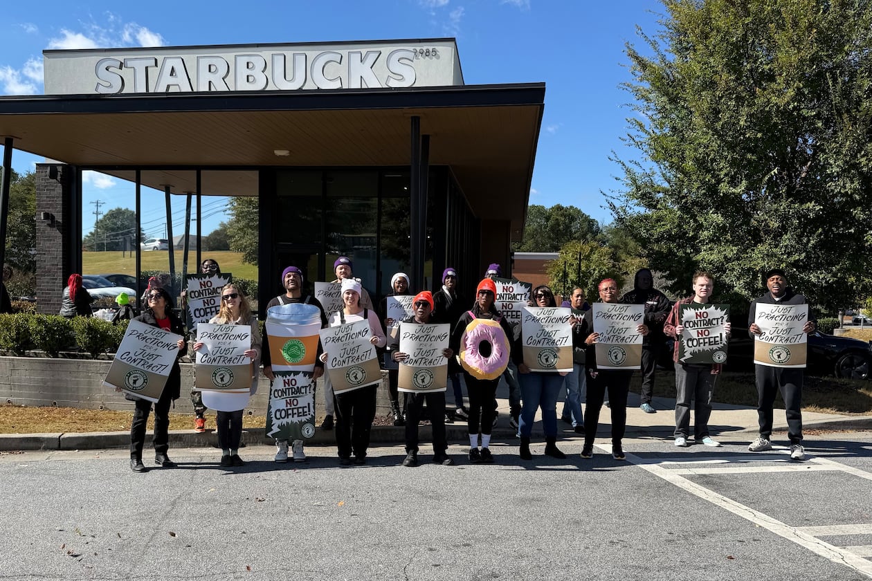 Starbucks workers take part in a practice picket recently. (Courtesy of Starbucks Workers United)