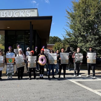 Starbucks workers take part in a practice picket recently. (Courtesy of Starbucks Workers United)