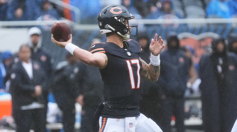 Chicago Bears quarterback Tyson Bagent (17) stands back to pass during the second half of an NFL football game in Chicago Minnesota Vikings, Sunday, Sept. 20, 2026. (AP Photo/David Banks)